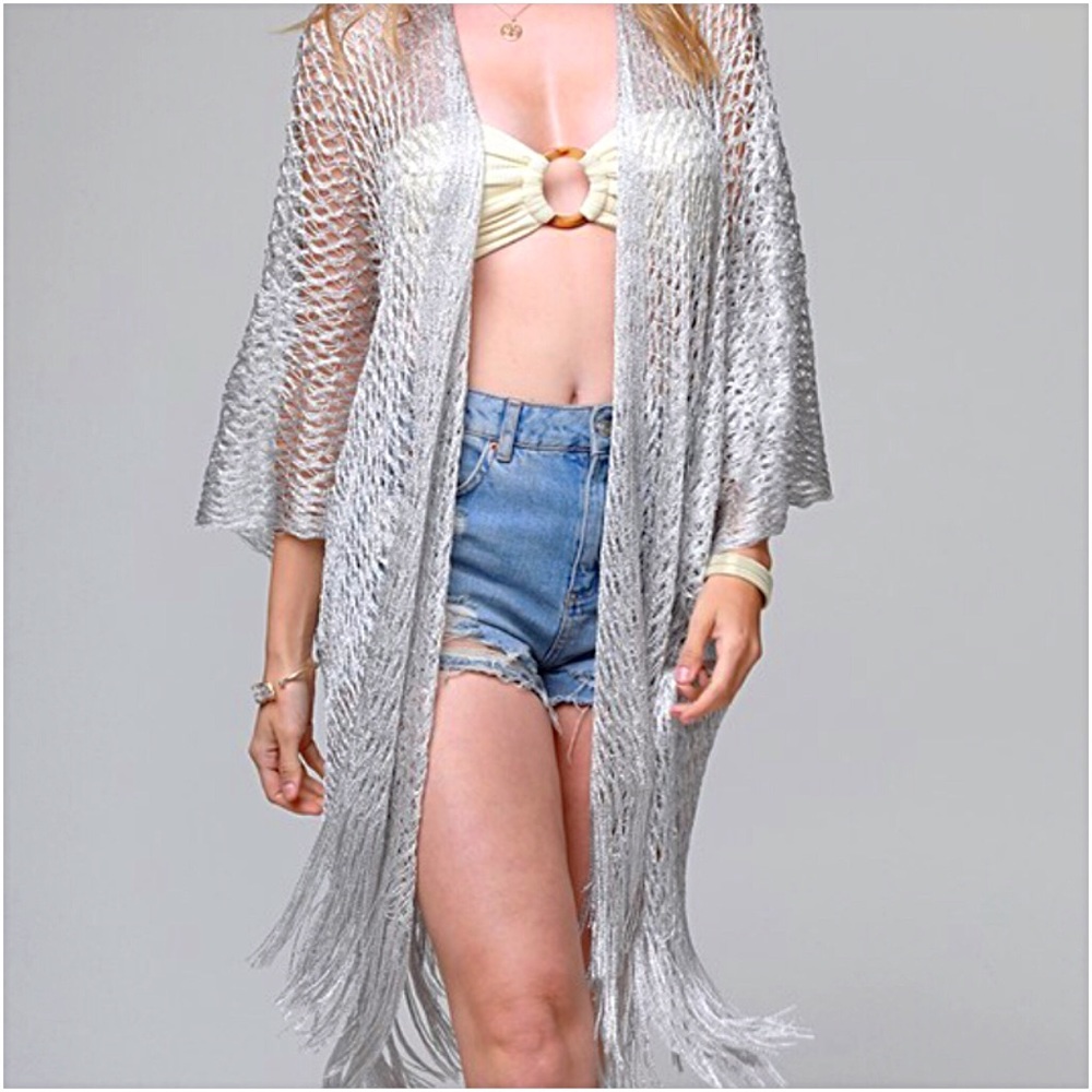 Boho Silver Shimmer Kimono Coverup O/S - Picture 3 of 8